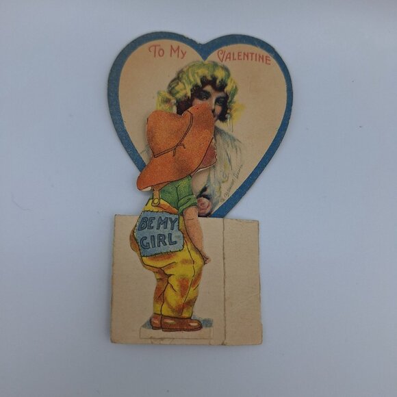 Vintage Pop Up Valentine Card Boy Girl Cowboy Design 4 Inch Paper Ephemera Scrap - Picture 5 of 5
